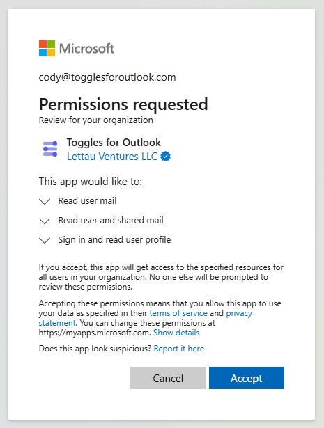 Granting permissions for Toggles for Outlook add-in
